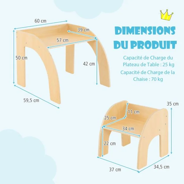 Ensemble Table et Chaise pour Enfants Mignon Ensemble Table et Chaise d'Activité avec Grand Plateau Bords Arrondis Naturel/Blanc
