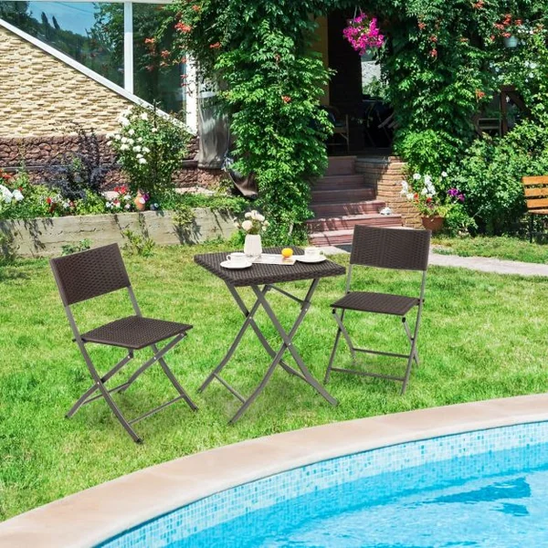 Ensemble Table et Chaises de Jardin 3 Pièces en Polyrotin Table Carrée Pliable pour Bistro Cour Blacon Piscine Marron