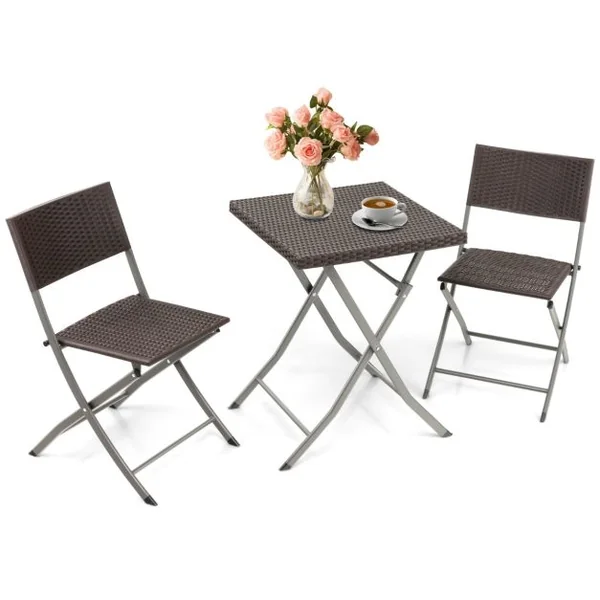 Ensemble Table et Chaises de Jardin 3 Pièces en Polyrotin Table Carrée Pliable pour Bistro Cour Blacon Piscine Marron