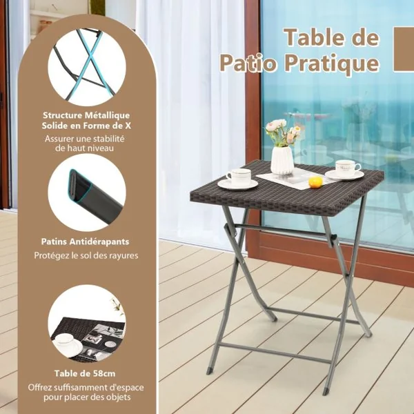 Ensemble Table et Chaises de Jardin 3 Pièces en Polyrotin Table Carrée Pliable pour Bistro Cour Blacon Piscine Marron