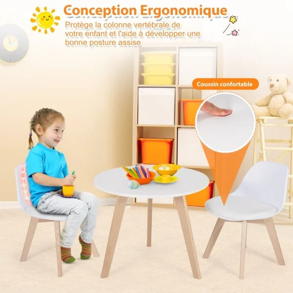 Ensemble Table et Chaises pour Enfants Pieds en Bois de Hêtre Robuste pour Jouer Dessiner Manger Etudier