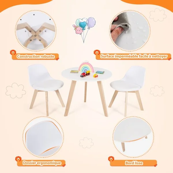 Ensemble Table et Chaises pour Enfants Pieds en Bois de Hêtre Robuste pour Jouer Dessiner Manger Etudier