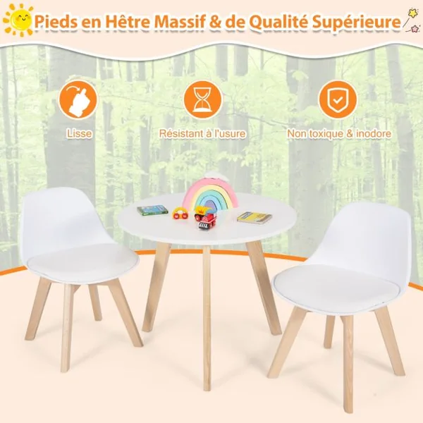 Ensemble Table et Chaises pour Enfants Pieds en Bois de Hêtre Robuste pour Jouer Dessiner Manger Etudier