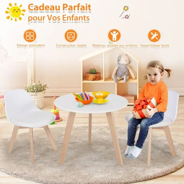 Ensemble Table et Chaises pour Enfants Pieds en Bois de Hêtre Robuste pour Jouer Dessiner Manger Etudier