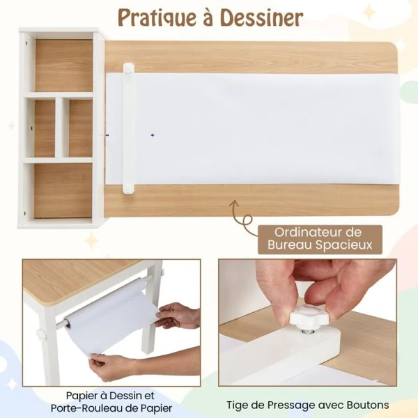 Ensemble Table et Chaises pour Enfants Table à Dessin avec 2 Chaises Support et Rouleau de Papier Rangements Gris/Naturel/Blanc