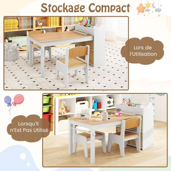 Ensemble Table et Chaises pour Enfants Table à Dessin avec 2 Chaises Support et Rouleau de Papier Rangements Gris/Naturel/Blanc
