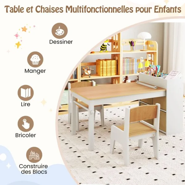 Ensemble Table et Chaises pour Enfants Table à Dessin avec 2 Chaises Support et Rouleau de Papier Rangements Gris/Naturel/Blanc