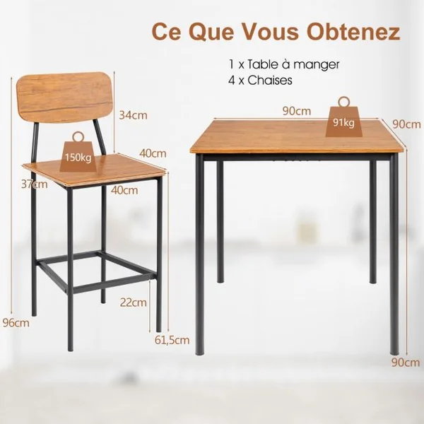 Ensemble Table et Chaises Salle à manger pour 4 Personnes Cadre en Métal 4 Chaises de Style industrielle