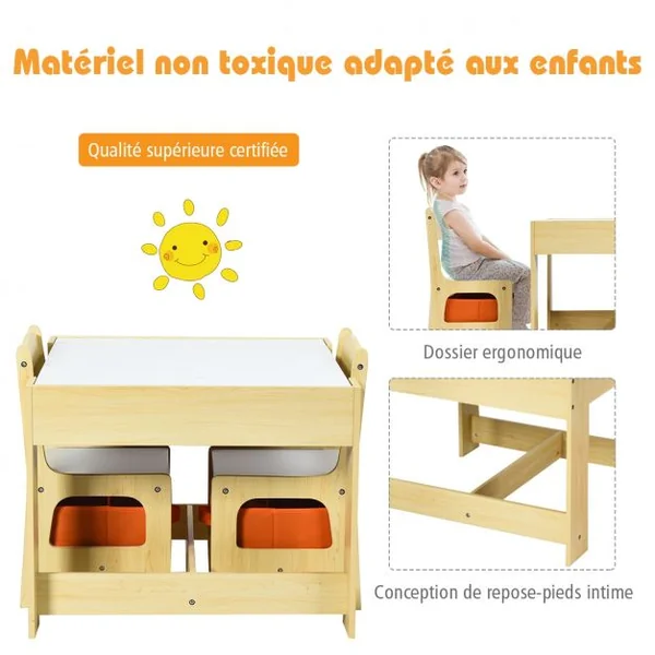 Ensemble Table Transformable en Tableau et 2 Chaises en Bois pour Enfants