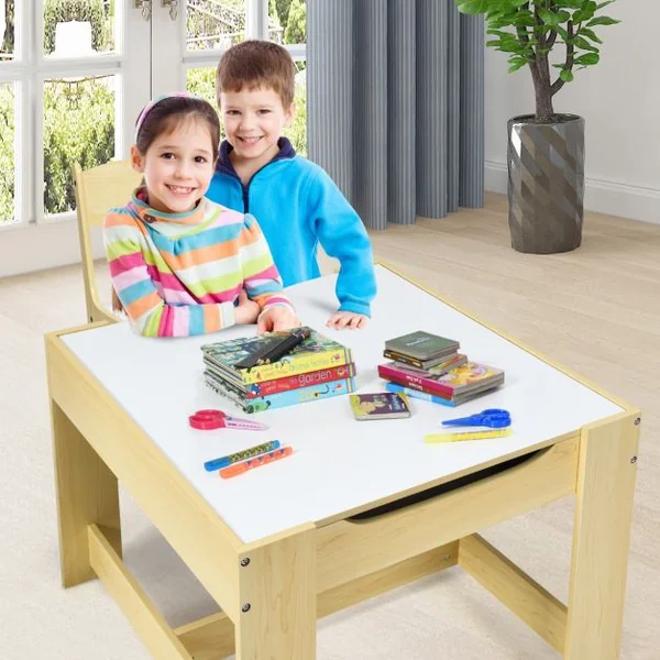 Ensemble Table Transformable en Tableau et 2 Chaises en Bois pour Enfants