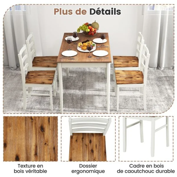 Ensemble Table à Manger et 4 Chaises Pieds en Bois d'Hévéa Table Cuisine Rectangulaire 108 x 66,5cm pour Salle à Manger Cuisine Café