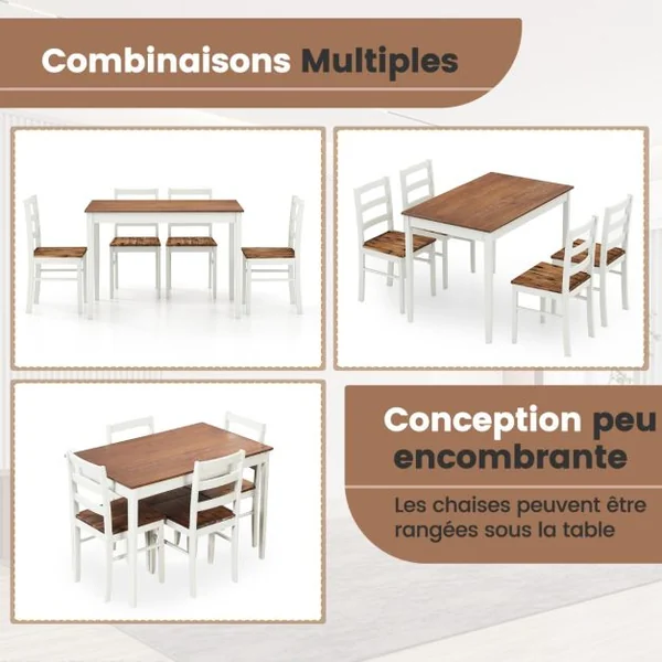 Ensemble Table à Manger et 4 Chaises Pieds en Bois d'Hévéa Table Cuisine Rectangulaire 108 x 66,5cm pour Salle à Manger Cuisine Café