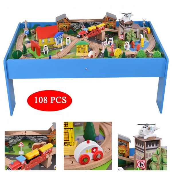 Ensemble train en bois de sapin et table Circuit de train en bois table de jeux 108 pcs grande table d’activité 98*60*45 cm