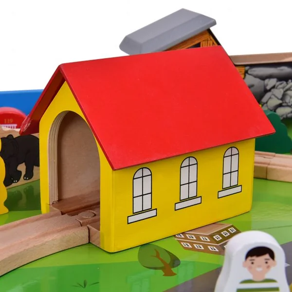 Ensemble train en bois de sapin et table Circuit de train en bois table de jeux 108 pcs grande table d’activité 98*60*45 cm