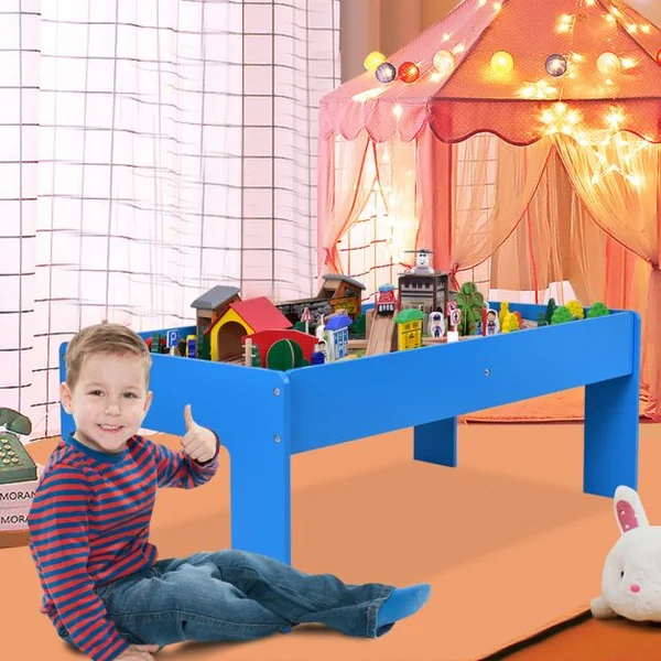 Ensemble train en bois de sapin et table Circuit de train en bois table de jeux 108 pcs grande table d’activité 98*60*45 cm