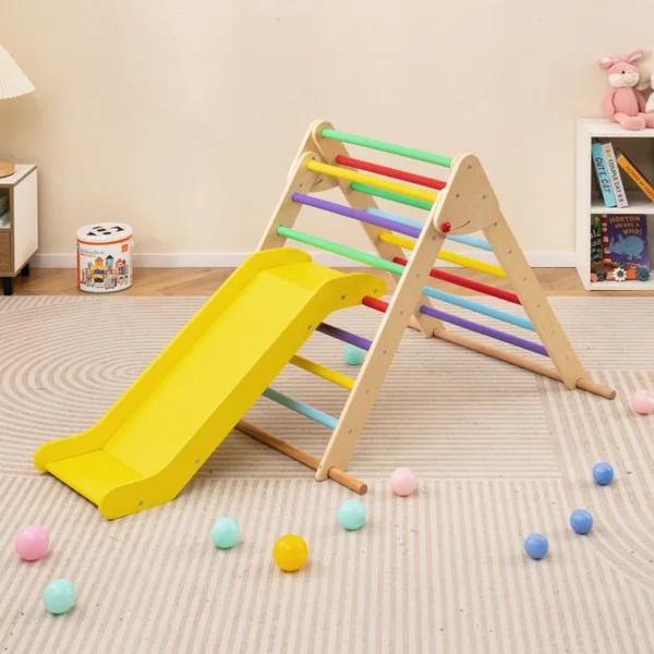 Ensemble Triangle Pikler Escaladeur Triangle Pliable avec Toboggan & Barres en Bois de Hêtre Solide Aire de Jeux pour 1 An et Plus Naturel/Coloré