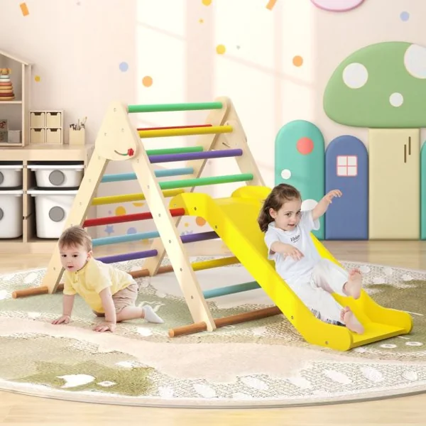 Ensemble Triangle Pikler Escaladeur Triangle Pliable avec Toboggan & Barres en Bois de Hêtre Solide Aire de Jeux pour 1 An et Plus Naturel/Coloré