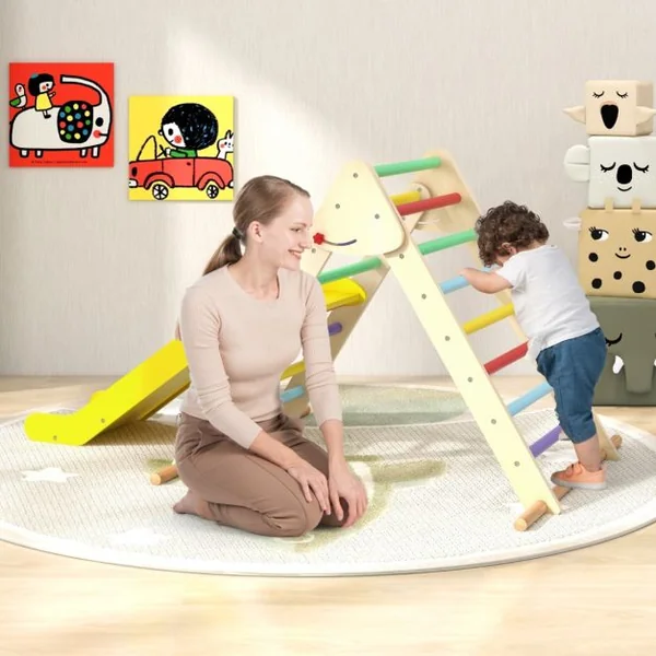 Ensemble Triangle Pikler Escaladeur Triangle Pliable avec Toboggan & Barres en Bois de Hêtre Solide Aire de Jeux pour 1 An et Plus Naturel/Coloré