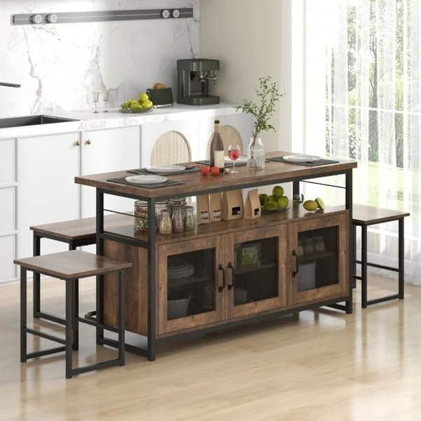 Ensemble Îlot de Cuisine 4 Pièces Table et Chaises à Manger avec Banc et Rangement Cadre en Métal Étagères Réglables en 3 Positions Marron