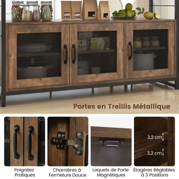Ensemble Îlot de Cuisine 4 Pièces Table et Chaises à Manger avec Banc et Rangement Cadre en Métal Étagères Réglables en 3 Positions Marron