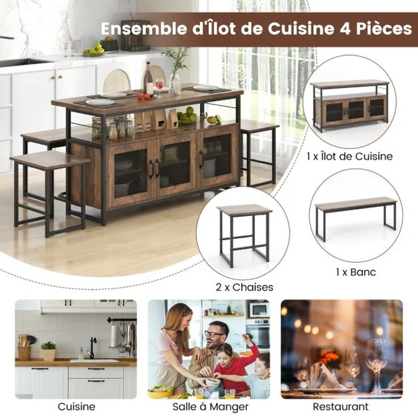 Ensemble Îlot de Cuisine 4 Pièces Table et Chaises à Manger avec Banc et Rangement Cadre en Métal Étagères Réglables en 3 Positions Marron