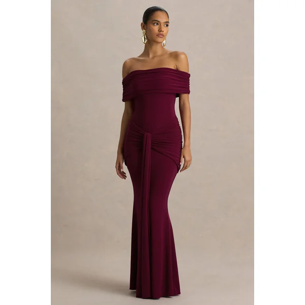 Envisioned | Robe longue bordeaux à encolure bardot avec fronces et drapé