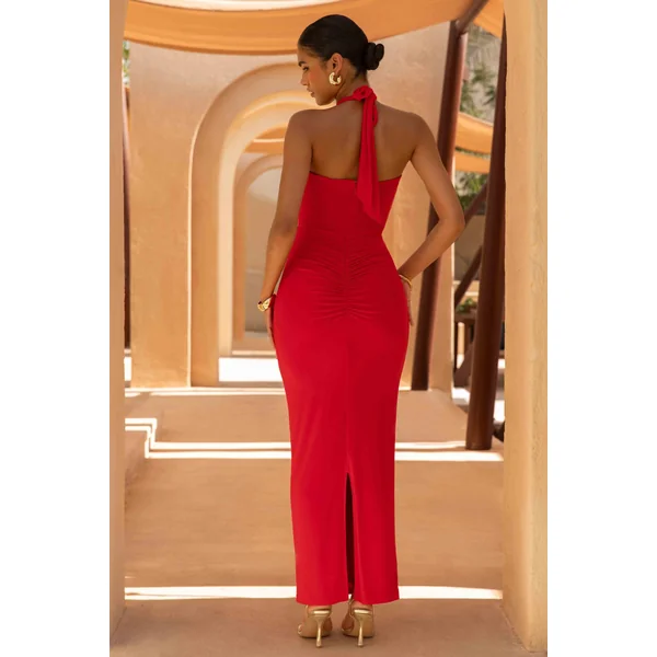 Erin | Robe Longue Rouge à Encolure Dos-Nu avec Détails Découpés
