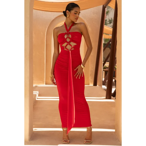 Erin | Robe Longue Rouge à Encolure Dos-Nu avec Détails Découpés