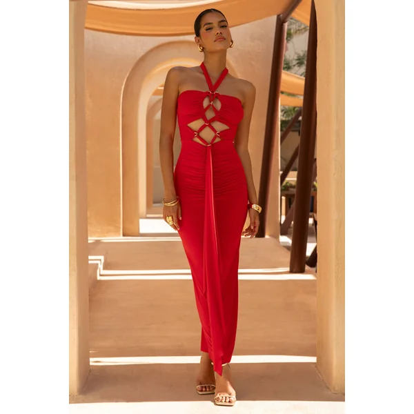 Erin | Robe Longue Rouge à Encolure Dos-Nu avec Détails Découpés