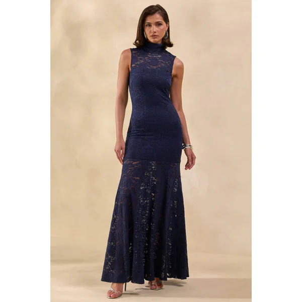 Esalyn | Robe longue bleu marine en dentelle à encolure haute avec jupe transparente