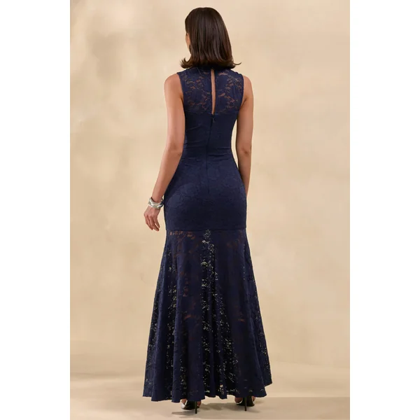 Esalyn | Robe longue bleu marine en dentelle à encolure haute avec jupe transparente