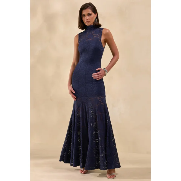 Esalyn | Robe longue bleu marine en dentelle à encolure haute avec jupe transparente
