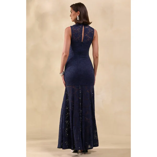 Esalyn | Robe longue bleu marine en dentelle à encolure haute avec jupe transparente