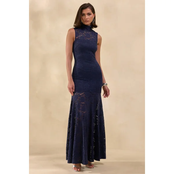 Esalyn | Robe longue bleu marine en dentelle à encolure haute avec jupe transparente