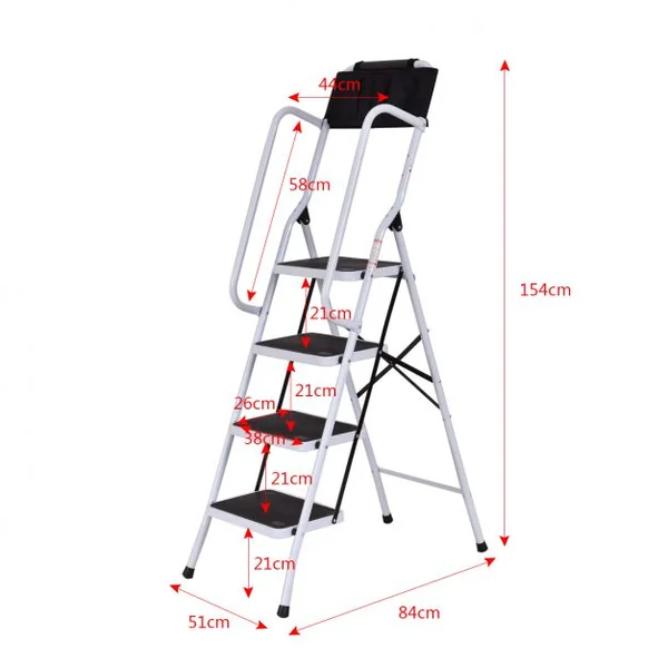 Escabeau 4 grandes marches antidérapantes Echelle avec mains courantes, Pliable, Capacité 150 kg, 51 x 84 x 154 cm