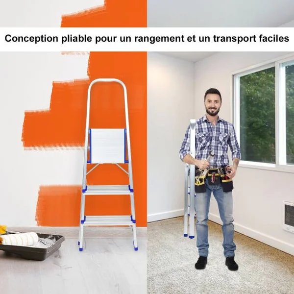Escabeau Marchepied Echelle Pliable à 3 Marches avec Plateau à Outil Capacité 150 Kg en Aluminium Blanc Argenté