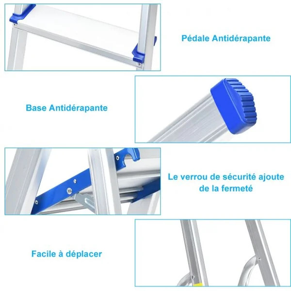 Escabeau Marchepied Echelle Pliable à 3 Marches avec Plateau à Outil Capacité 150 Kg en Aluminium Blanc Argenté