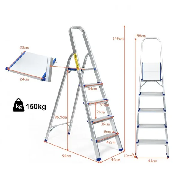 Escabeau Marchepied Echelle Pliable à 3 Marches avec Plateau à Outil Capacité 150 Kg en Aluminium Blanc Argenté