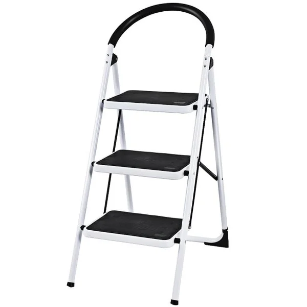 Escabeau Marches Pliant Echelle Marchepied antidérapant Escabeau Ménager en Fer 150kg capacité Hauteur 108CM Blanc Noir 3 Marches