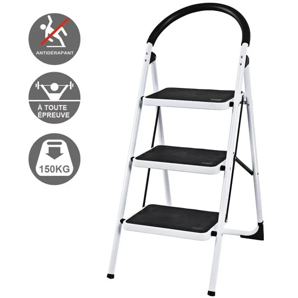 Escabeau Marches Pliant Echelle Marchepied antidérapant Escabeau Ménager en Fer 150kg capacité Hauteur 108CM Blanc Noir 3 Marches