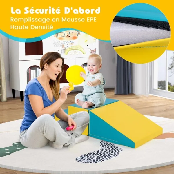Escalier et Toboggan pour Nourrissons et Tout-Petits Ensemble de Jeux Doux pour Enfants Blocs en Mousse Douce Vert et Jaune