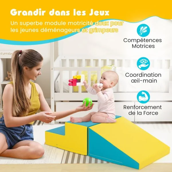 Escalier et Toboggan pour Nourrissons et Tout-Petits Ensemble de Jeux Doux pour Enfants Blocs en Mousse Douce Vert et Jaune