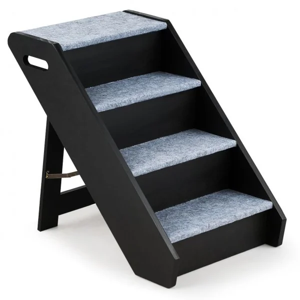 Escalier Pliable pour Animaux de Compagnie à 4 Marches avec Tapis en Peluche en Mdf 41x61x53cm Noir et Gris