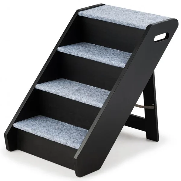 Escalier Pliable pour Animaux de Compagnie à 4 Marches avec Tapis en Peluche en Mdf 41x61x53cm Noir et Gris