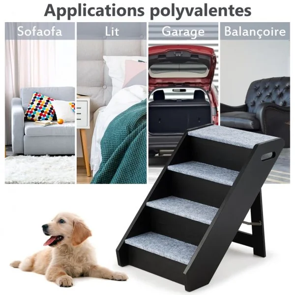 Escalier Pliable pour Animaux de Compagnie à 4 Marches avec Tapis en Peluche en Mdf 41x61x53cm Noir et Gris