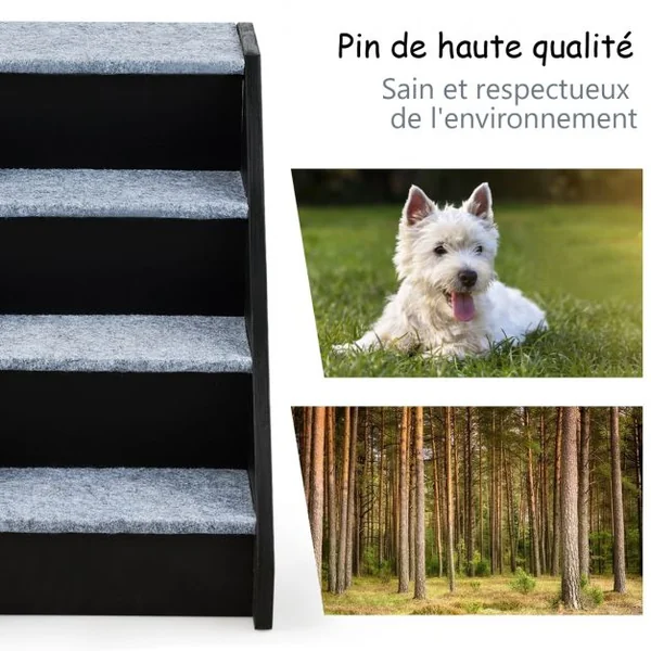 Escalier Pliable pour Animaux de Compagnie à 4 Marches avec Tapis en Peluche en Mdf 41x61x53cm Noir et Gris