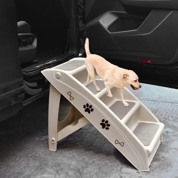 Escalier pour Chien Pliant à 4 Marches en Plastique Charge 60KG 64 x 39 x 49 cm Feutre Doux Chiens et Chats Café/Beige/Gris