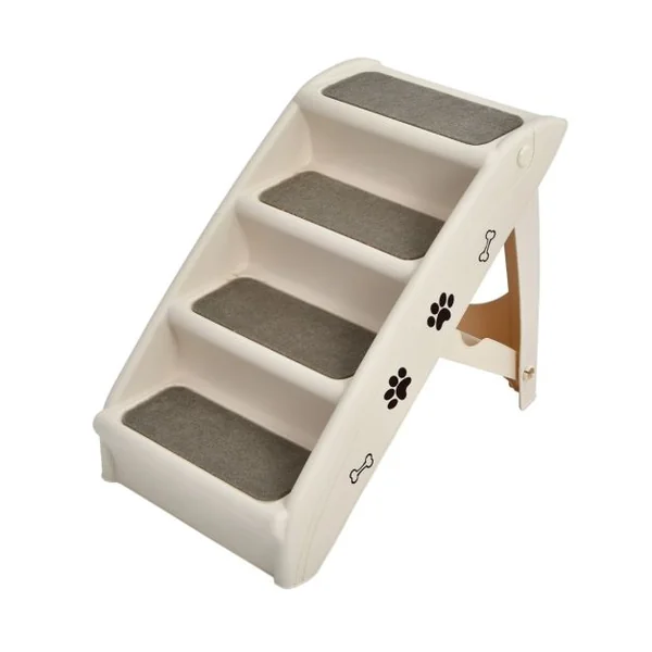 Escalier pour Chien Pliant à 4 Marches en Plastique Charge 60KG 64 x 39 x 49 cm Feutre Doux Chiens et Chats Café/Beige/Gris