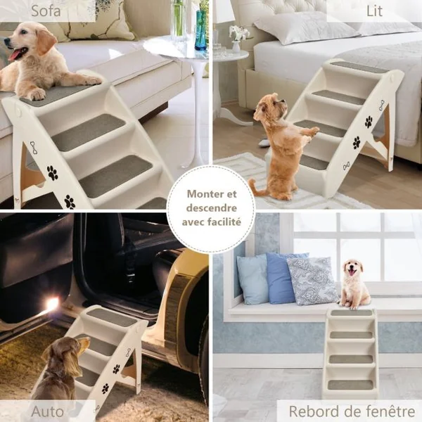 Escalier pour Chien Pliant à 4 Marches en Plastique Charge 60KG 64 x 39 x 49 cm Feutre Doux Chiens et Chats Café/Beige/Gris