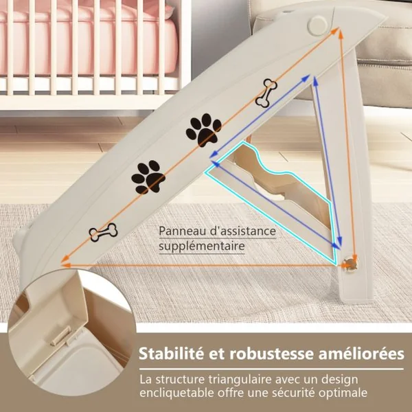Escalier pour Chien Pliant à 4 Marches en Plastique Charge 60KG 64 x 39 x 49 cm Feutre Doux Chiens et Chats Café/Beige/Gris